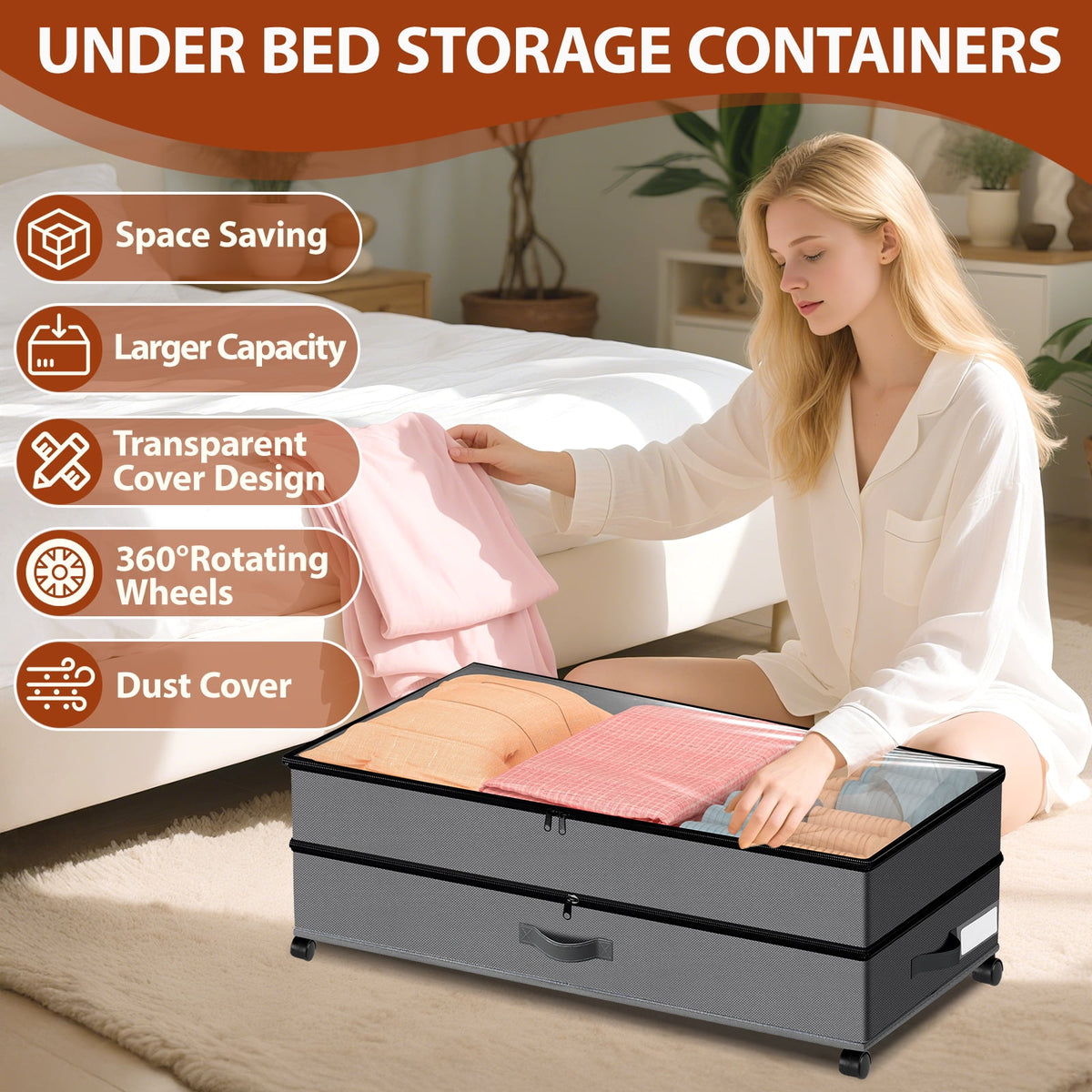 Wheels, 2Pack Expandable Large Containers, Rolling Shoe Drawer for Clothes, Bedding - Image 6