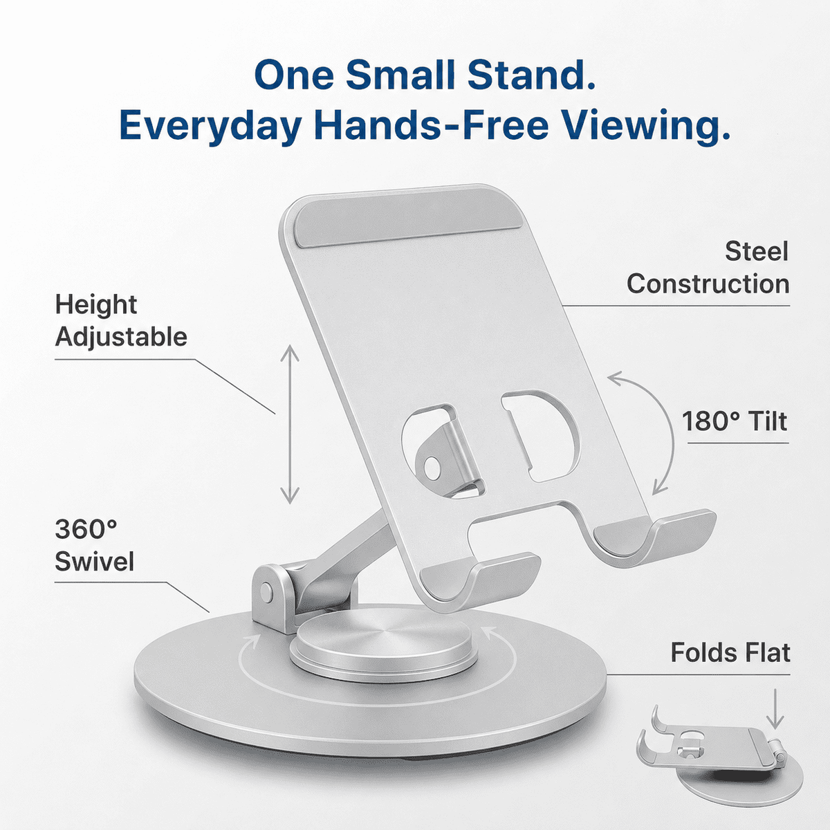 360° Swivel Phone Stand for Desk, All-Metal Height Adjustable, 180° Tilt Foldable Holder for Phones and Small Tablets... - Image 2