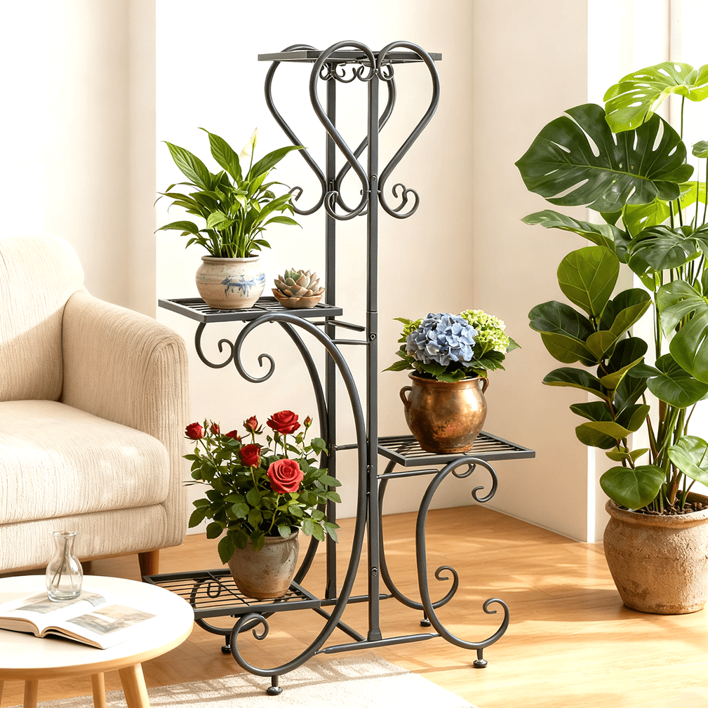 4 Plant Stand Black Metal Flower Holder Indoor Outdoor Planter Shelf, 35" Height - Image 5