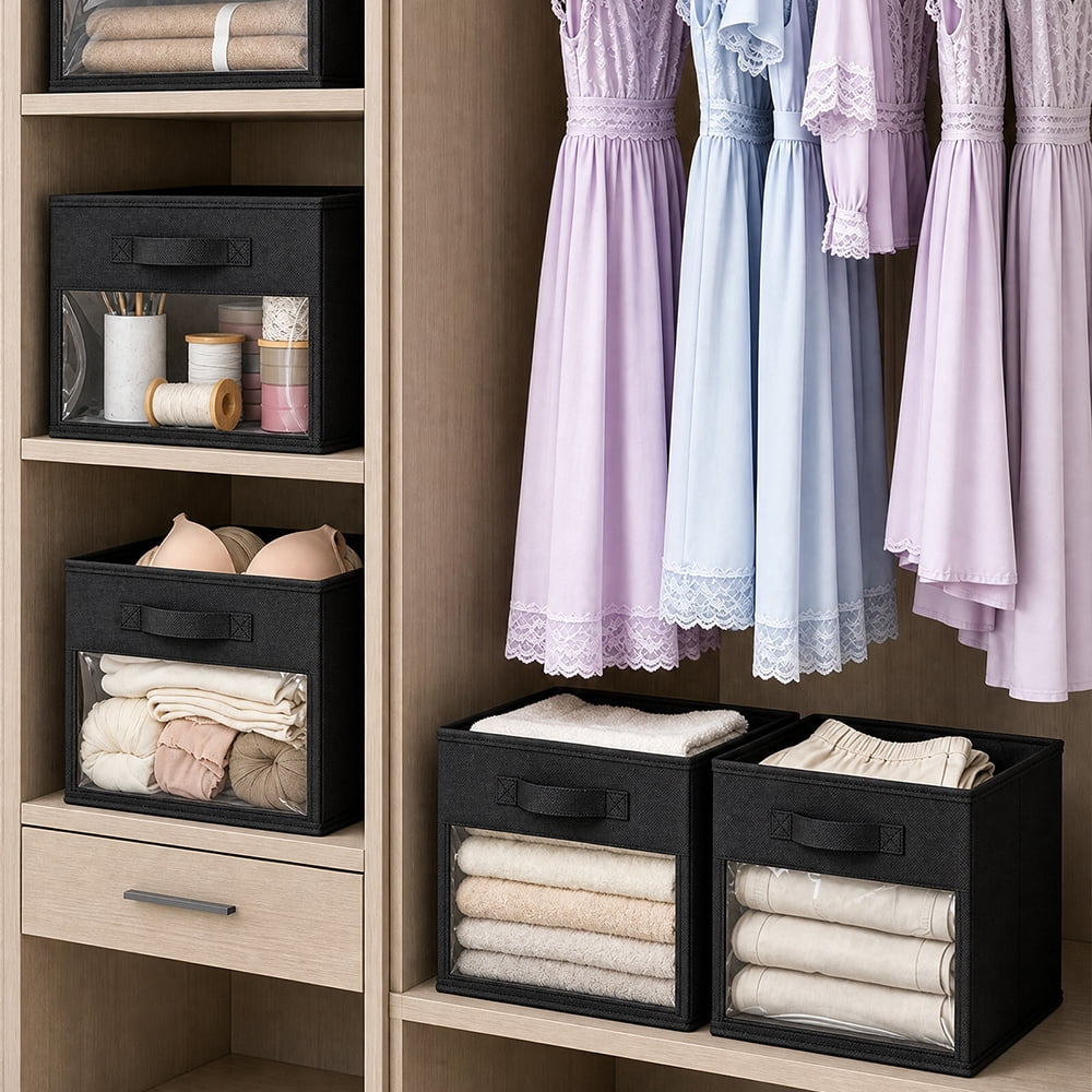 Clear Window, 6 Pack Foldable Fabric Bins for Closet, Cube Organizer and Shelves, Black - Image 6
