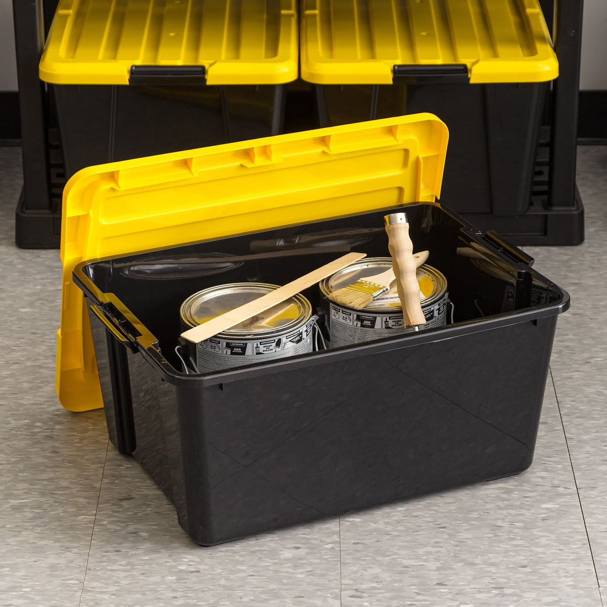 45 Qt Black Plastic Stackable Storage Bin with Lid Tote, Plastic Storage Container with Lid, 4-Pack - Image 5