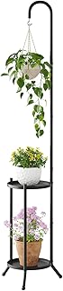2-Tier Metal Plant Stand with Hanging Hook, Indoor Outdoor Plant Shelf,Heavy Duty Plant holder Rustproof Iron Multiple Plant Round Supports Rack for Planter Corner Garden Balcony Patio (Black)