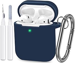 Compatible with AirPods Case Cover, Full Protective Silicone Skin Dust-Proof Designed for Apple AirPods 1st 2nd Generation with Keychain, Front LED Visible, Midnight Blue