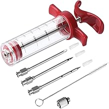 Meat Injector Syringe - 3 Marinade Injector Needles for BBQ Grill, Premium Portable Turkey Injector kit for Smoker,Marinades Injectors for Meats With 1oz Large Capacity 1 Brush Easy to Use & Clean Red