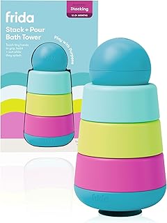 Frida Baby Stack + Pour Bath Tower Bath Toy, Bath Toys for Toddlers, Teaches Child to Grasp, Stack & Scoop. Gross to Fine Motor Skills, Hand Eye Coordination, Sort by Size, Count, Pretend Play