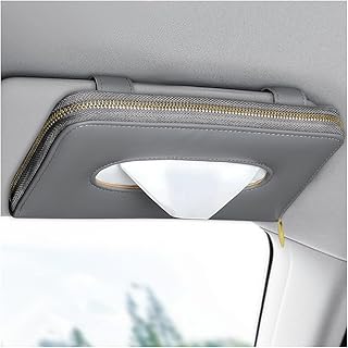Car Tissue Holder, Sun Visor Napkin Box Premium PU Leather Tissue Case with Zipper, Rectangular Hanging Paper Organizer Mask Dispenser for Sedans SUVs Trucks, Car Accessories (Gray)