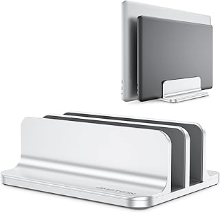 OMOTON Vertical Laptop Stand [Updated Double Version], Desktop Aluminum Mac Book Stand with Adjustable Dock Size, Fits All Mac Book, Surface, Chrome Book and Gaming Laptops (Up to 17.3 inch) (Silver)