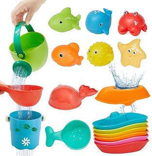 Baby Bath Toys for Kids Ages 1-3, 16PCS | Easy Clean Mold Free Bath Toys Toddlers 2-4 | Bathtub Pool Water Table Toys for Babies & Toddlers | Bath Boats Spoons Bucket Watering Can Tub Toy for Toddlers