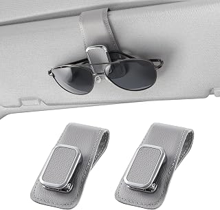 BMLEI Sunglasses Holder for Car, One-Handed-Operation Leather Sunglasses Clip for Car Sun Visor, 2Pack Sturdy Eyeglasses Holder and Ticket Card Clip, Auto Interior Car Visor Accessories (Gray)