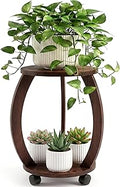 2 Tier Wooden Plant Stand Indoor with Wheels – Tall Plant Stand for 6-12 Inch Pots, Mid-Century Modern Rustic Plant Table Indoor, Pedestal Stand for Corner, Living Room, Balcony, Dark Brown
