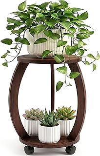 2 Tier Wooden Plant Stand Indoor with Wheels – Tall Plant Stand for 6-12 Inch Pots, Mid-Century Modern Rustic Plant Table Indoor, Pedestal Stand for Corner, Living Room, Balcony, Dark Brown