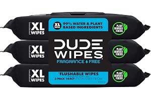 DUDE Wipes Unscented Flushable Wipes - Extra-Large Adult Wet Wipes for Sensitive Skin - 3 Pack (144 Count) - Infused with Vit