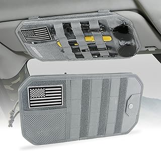 Tactical Car Sun Visor Organizer, Auto Semi-Rigid Molle Panel with Zipper Storage Pouch & Glasses Holder for Police Gear & Overland Accessories, Universal Fit for Trucks, SUVs, Jeeps & Patrols, Grey