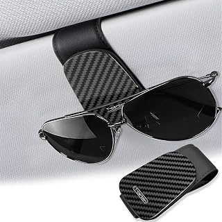 T-carbon Sunglass Holder for Car Visor,Magnetic Leather Glasses Holder,Carbon Fiber Sunglasses Holder and Ticket Card Clip,Car Accessories Interior,Glossy Black