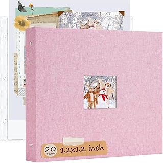 12x12 Inch Large 3 Ring DIY Scrapbook Photo Album, Linen Cover Scrapbook with 20 Sheets Plastic Sleeves 40 Pages Memory Book for Wedding Birthday Baby Family (Pink)