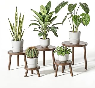 Delma Wood Plant Stands Indoor, 5-Pack Single Plant Stand for 6-12 Inch Pots, Mid-Century Modern Plant Stool, Tall Plant Stand for Large Plants for Living Room, Balcony, Office (Dark Brown, 5-Pack)