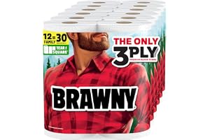 Brawny Tear-A-Square 3-Ply Paper Towels, 12 XL Family Rolls = 30 Regular Rolls, Strong, Absorbent, and Durable with 3 Sheet S