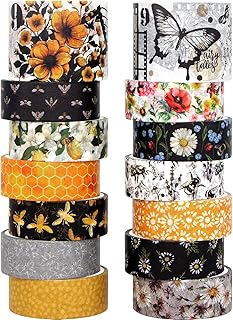 KOVANO Washi Tape Set 14 Rolls, Vintage Bee Floral Butterfly Botanical Washi Tape, Yellow Black Decorative Tapes for Scrapbooking Supplies, Junk Journal, Bullet Journaling, Art Crafts