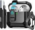 RFUNGUANGO Secure Lock Case for AirPods 4th Generation, Military Grade Shockproof Full-Body Protective Cover with Anti-Lost Carabiner & Cleaner Kit, Dust-Proof Armor Case for AirPods 4 Gen（Black）