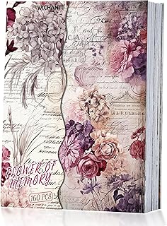 160 Sheets Vintage Flower Scrapbook Paper, Junk Journal Supplies, Purple Pink Flowers with Cursive Script No Repeating Perfect for Junk Journal DIY Cards Craft Albums Scrapbooking Supplies (Purple)