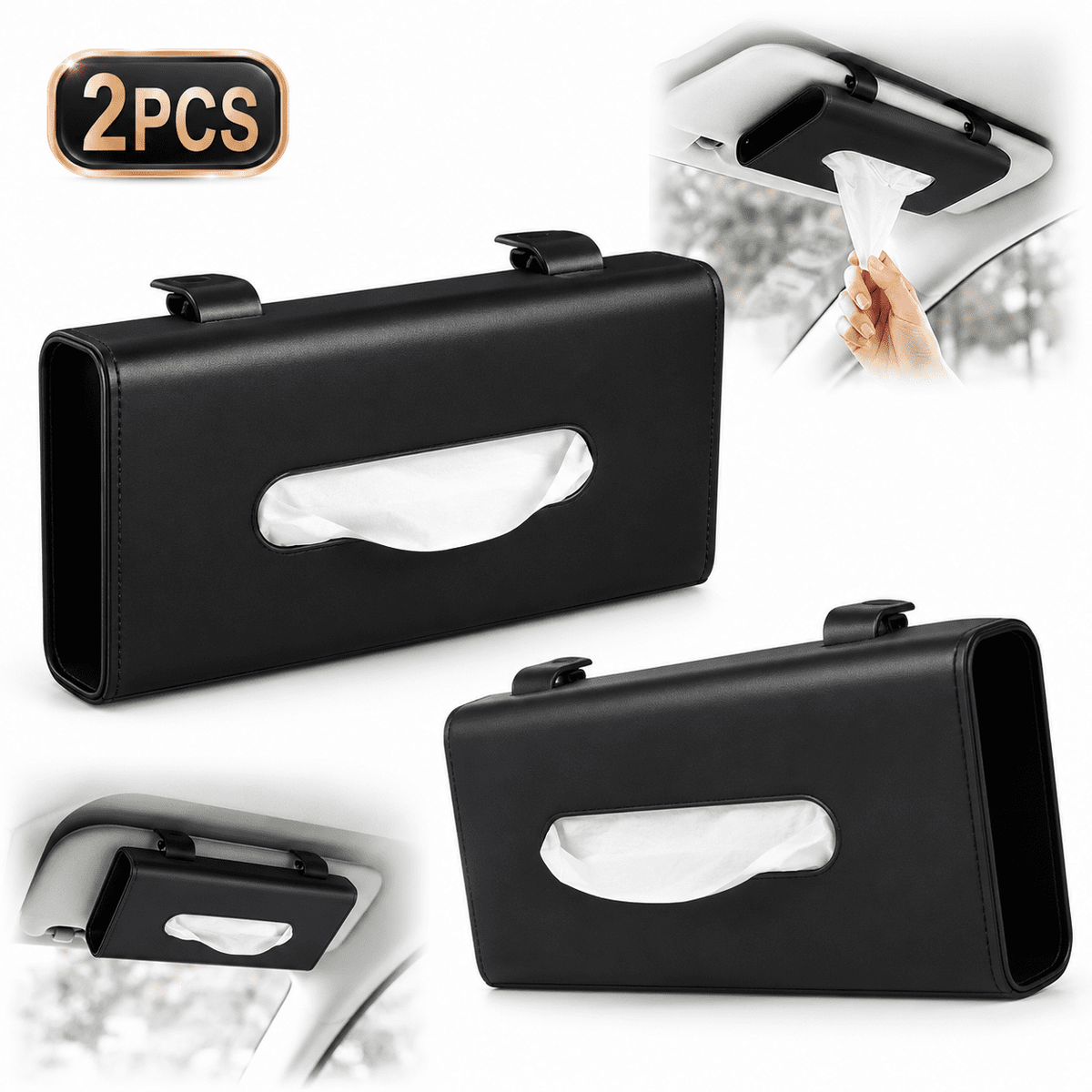 2 Pack Car Sun Visor Tissue Holder, Premium PU Leather Napkin Dispenser for Vehicle Visor Organizer, Includes Tissue ... - Image 2