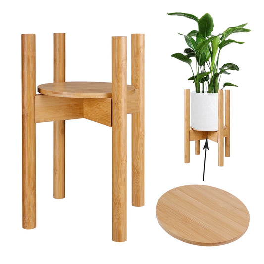 Adjustable Indoor Plant Stand, 15 inch Tall Wooden Plant Holder, Mid Century Modern Wood Stand with Tray, Single Floo...