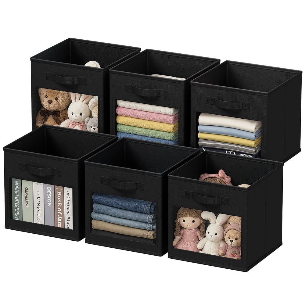 Clear Window, 6 Pack Foldable Fabric Bins for Closet, Cube Organizer and Shelves, Black