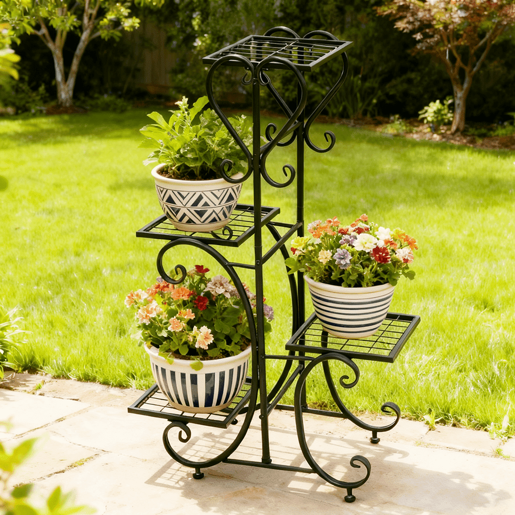 4 Plant Stand Black Metal Flower Holder Indoor Outdoor Planter Shelf, 35" Height - Image 2