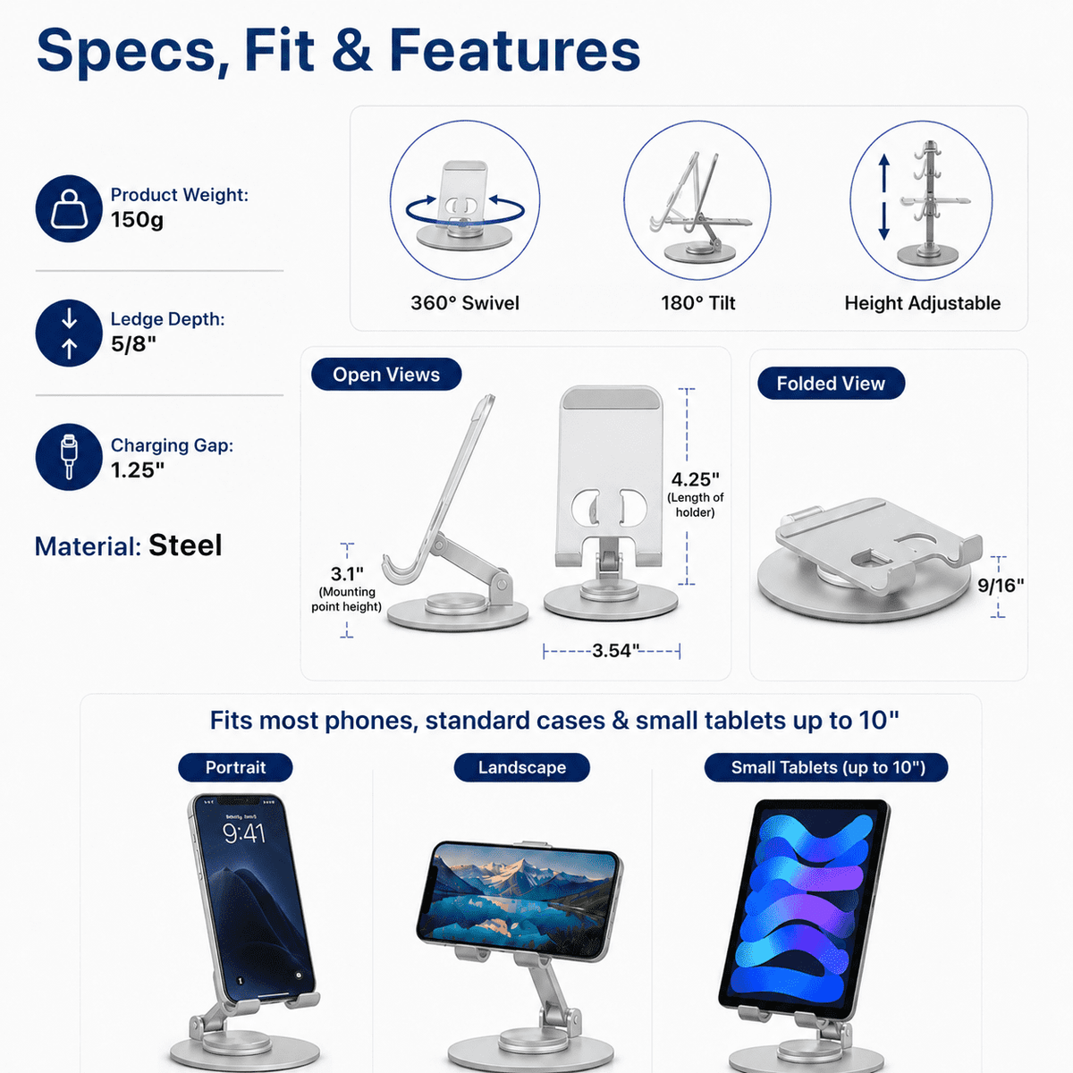 360° Swivel Phone Stand for Desk, All-Metal Height Adjustable, 180° Tilt Foldable Holder for Phones and Small Tablets... - Image 5