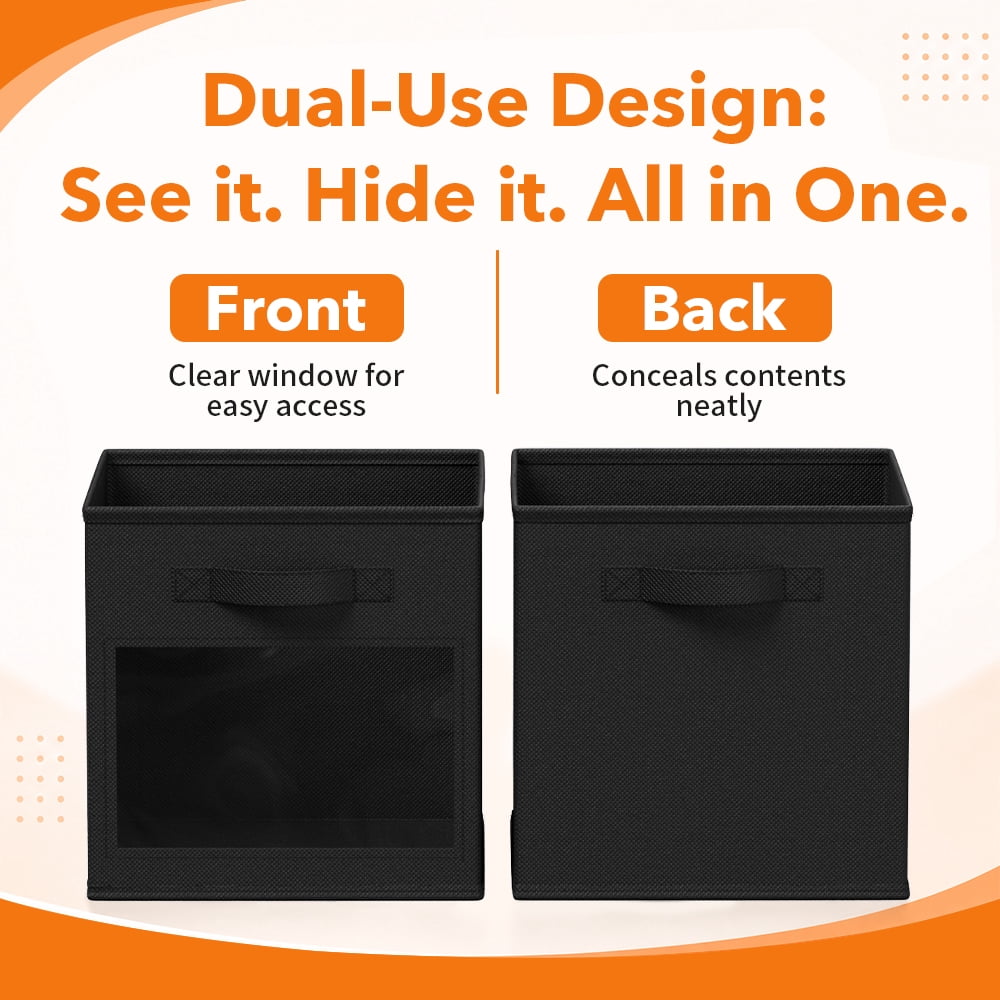 Clear Window, 6 Pack Foldable Fabric Bins for Closet, Cube Organizer and Shelves, Black - Image 5