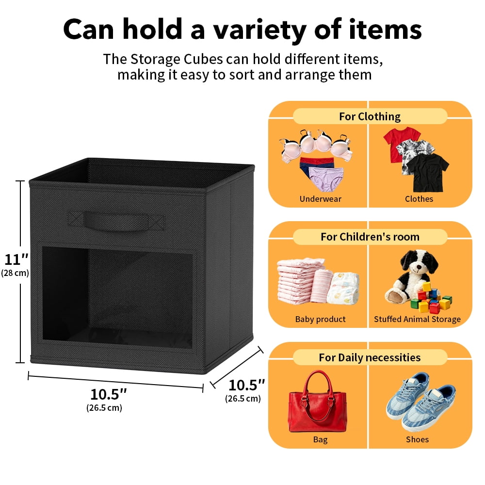 Clear Window, 6 Pack Foldable Fabric Bins for Closet, Cube Organizer and Shelves, Black - Image 3