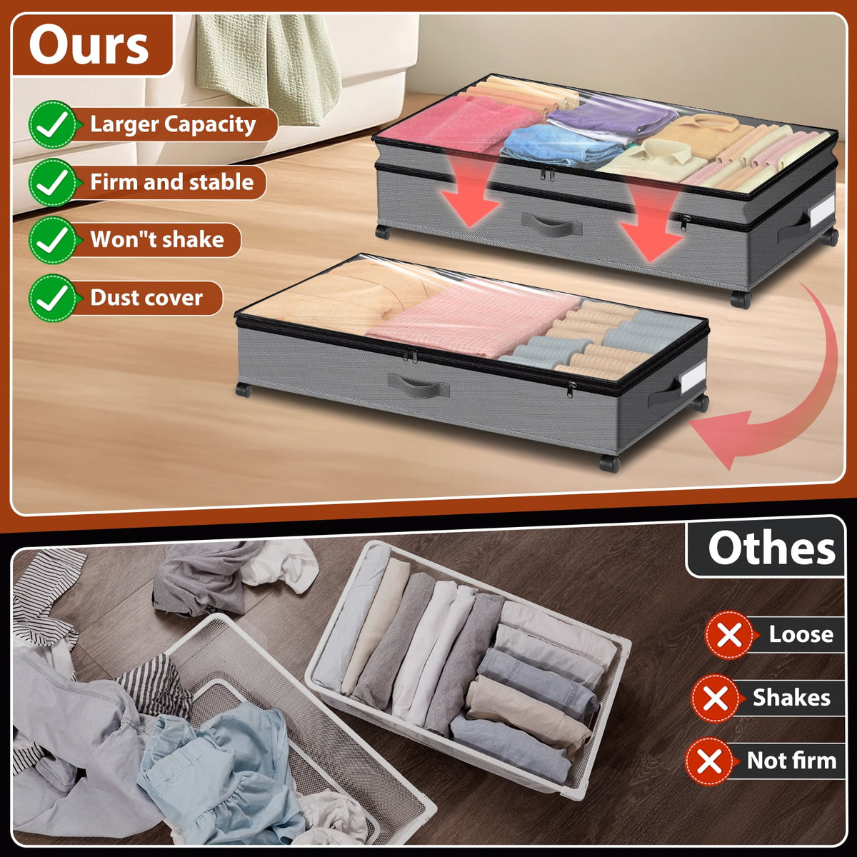 Wheels, 2Pack Expandable Large Containers, Rolling Shoe Drawer for Clothes, Bedding - Image 3