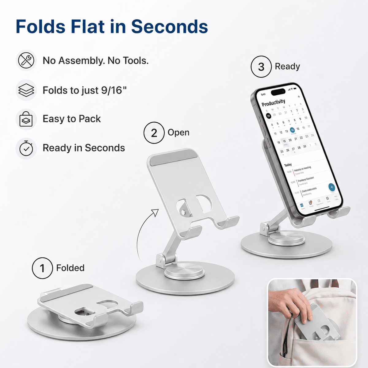 360° Swivel Phone Stand for Desk, All-Metal Height Adjustable, 180° Tilt Foldable Holder for Phones and Small Tablets... - Image 6