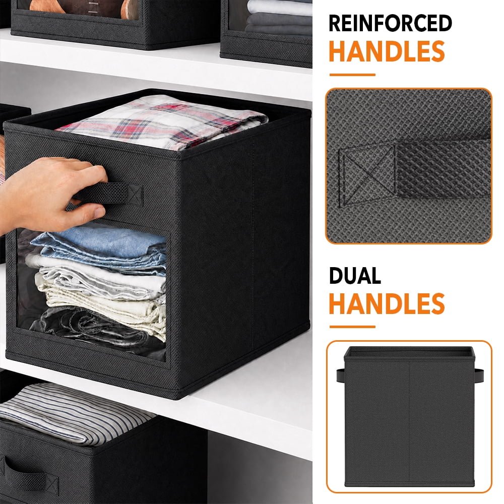 Clear Window, 6 Pack Foldable Fabric Bins for Closet, Cube Organizer and Shelves, Black - Image 4