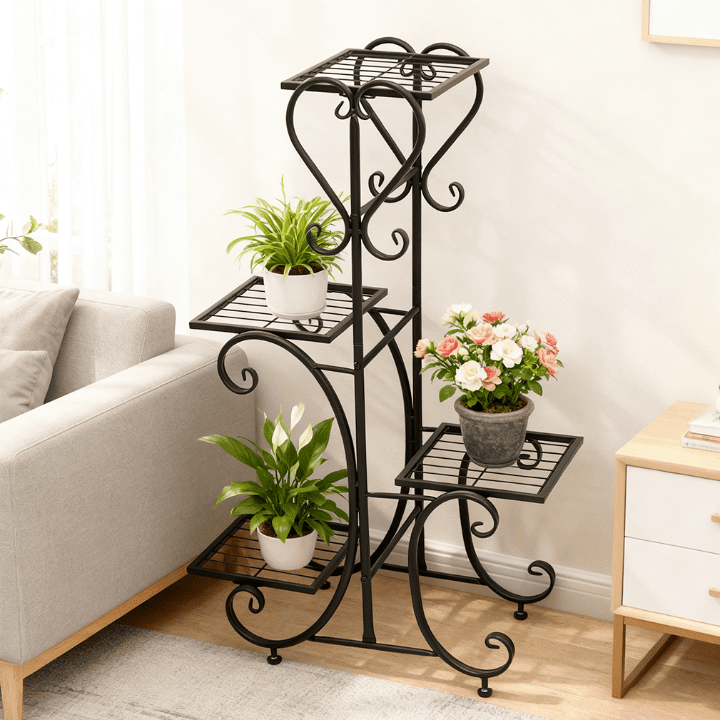 4 Plant Stand Black Metal Flower Holder Indoor Outdoor Planter Shelf, 35" Height - Image 3