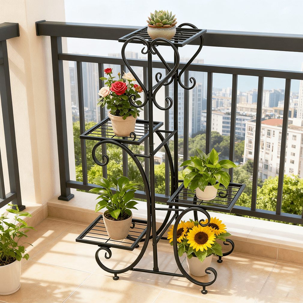 4 Plant Stand Black Metal Flower Holder Indoor Outdoor Planter Shelf, 35" Height - Image 4