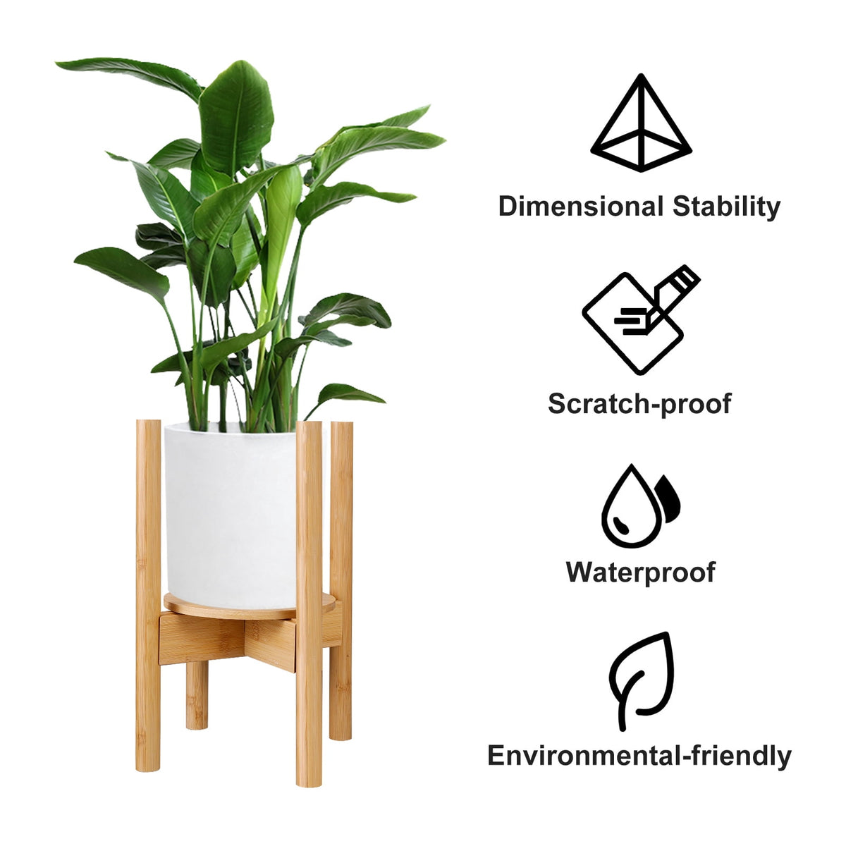Adjustable Indoor Plant Stand, 15 inch Tall Wooden Plant Holder, Mid Century Modern Wood Stand with Tray, Single Floo... - Image 4
